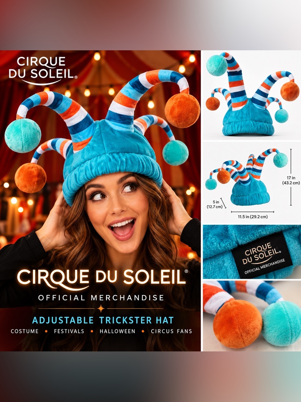NWOT Cirque du Soleil Adjustable Trickster Funky Hat Costume Blue & Orange